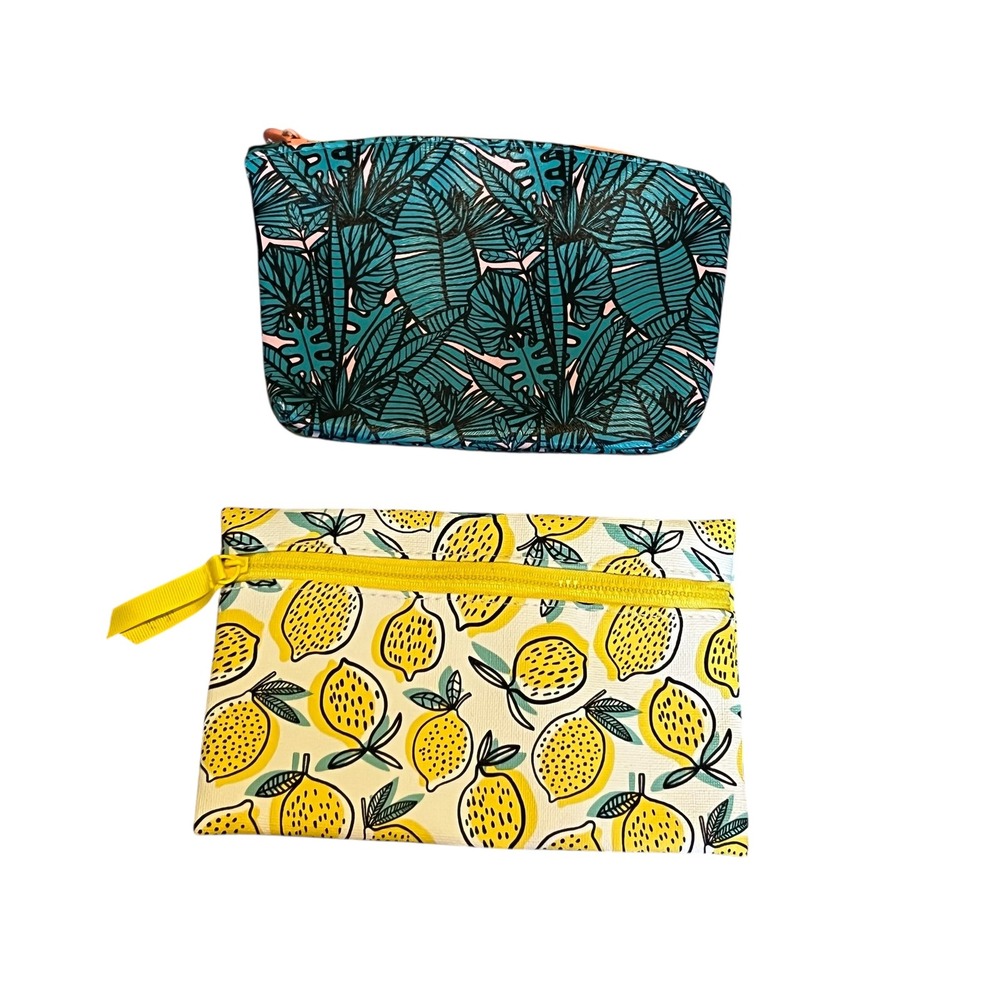 Ipsy Makeup Bag Set 2 Tropical Green Palm Leaf and Yellow Lemon Print Pouches